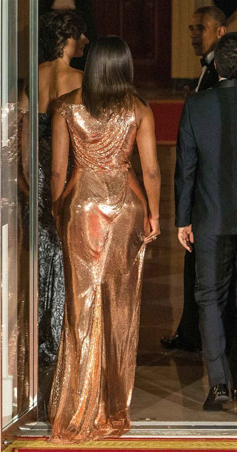 versace dressed the first lady for her final state dinner|rose gold Versace dress.